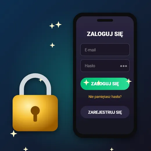 Kasyno Allright – ilustracja telefonu z ekranem logowania: pola e-mail i hasło, przyciski Zaloguj się i Zarejestruj się
